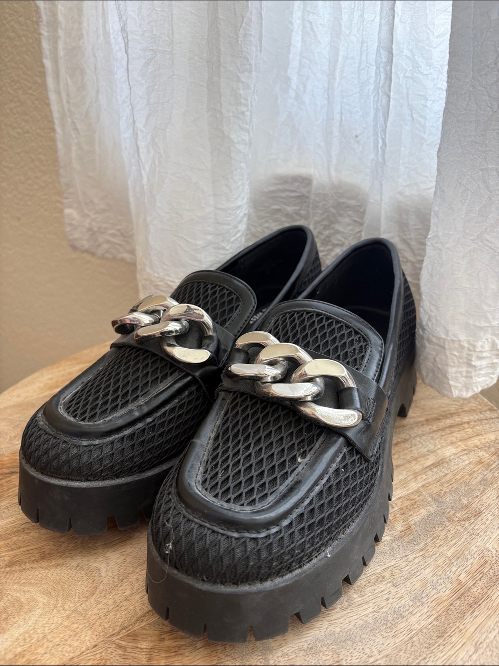 Nine West Black Mesh Loafers with Silver Chain